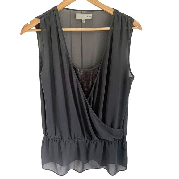 HEED Grey Sequin Semi Sheer Overlay Crossover Tank Top Blouse Womens Medium - Picture 1 of 10